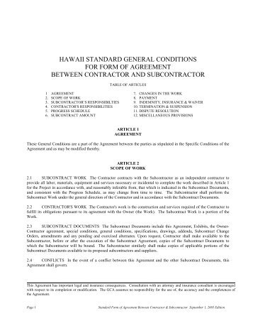 hawaii standard general conditions for form of agreement between ...