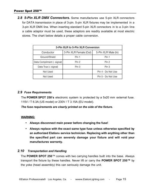 Power Spot 250 User Manual (pdf) - Elation Professional