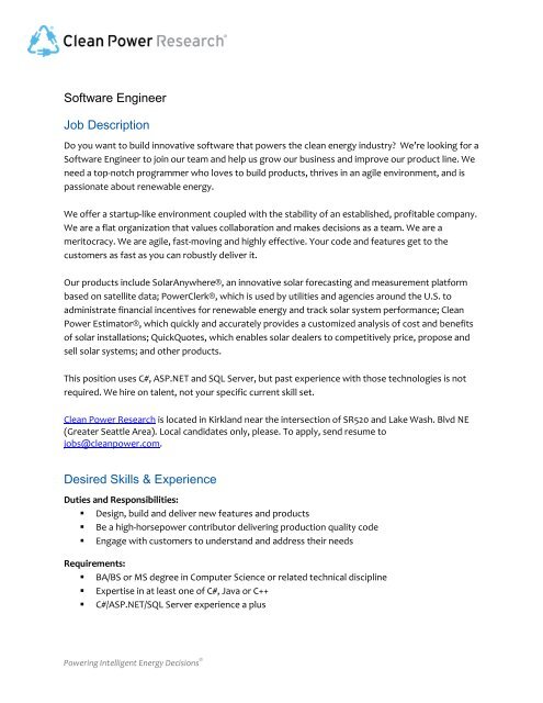 Software Engineer Job Description Desired Skills & Experience