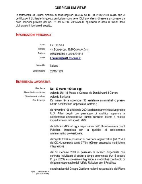 Curriculum Vitae Asl 1 Di Massa E Carrara