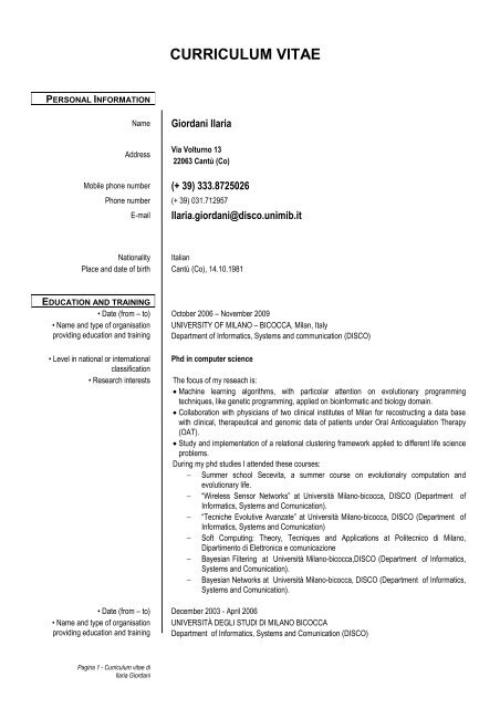 Curriculum Vitae in formato europeo - UniversitÃ  degli Studi di ...