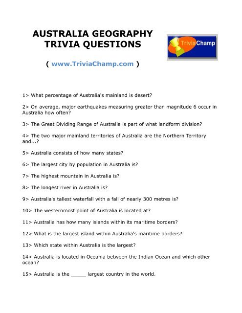 AUSTRALIA GEOGRAPHY TRIVIA - Champ