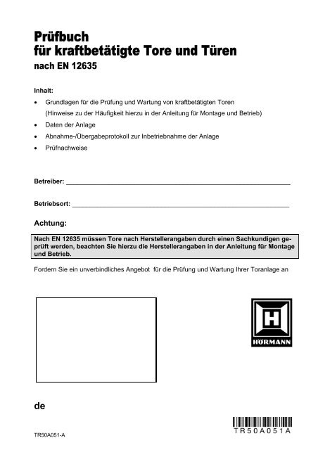 Pruefbuch fuer kraftbetaetigte Tore und Tueren nach EN ... - Hörmann