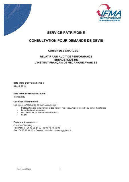 Cahier des Charges: audit - IFMA