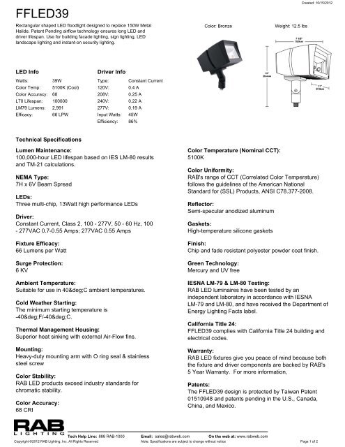 RAB Lighting Inc Spec Sheet FFLED39 Residential Landscape