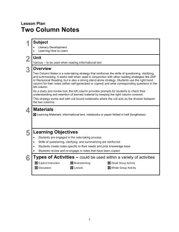 Lesson Plan: Two Column Notes - youth literacy canada