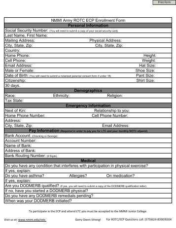 NMMI Army ROTC ECP Enrollment Form Personal Information Last ...