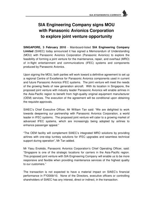 Sia Engineering Company Signs Mou With Panasonic Avionics