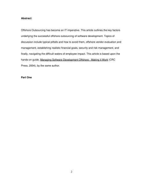 Abstract: Offshore Outsourcing has become an IT imperative. This ...