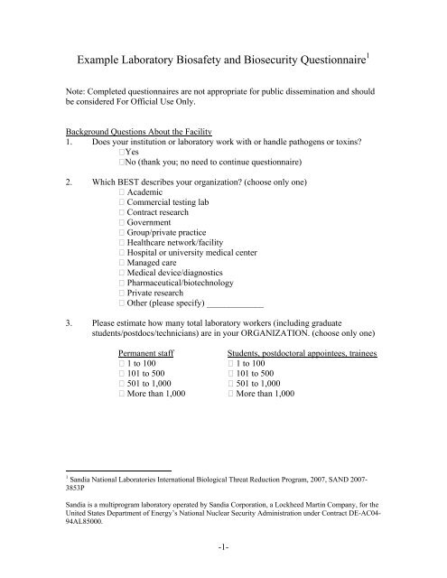 Questionnaire - Laboratory Biosafety and Biosecurity - Sandia ...