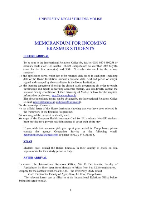 memorandum for incoming erasmus students - UniversitÃ  degli Studi ...