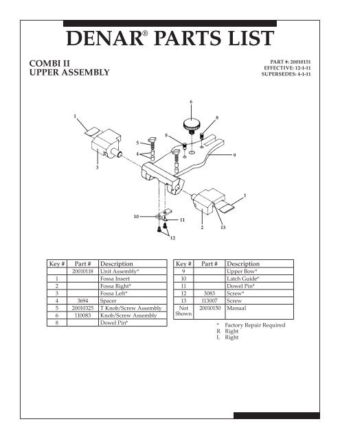 denar® parts list combi ii upper assembly - Whip Mix