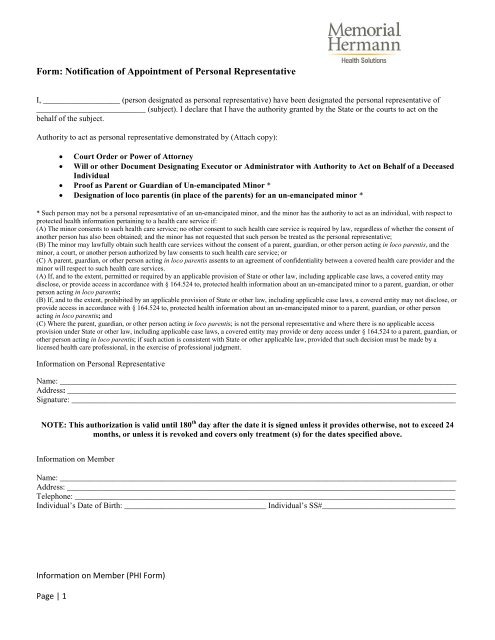 Release of Information to Personal Representative Form - Memorial ...