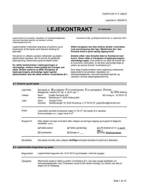 LEJEKONTRAKT for beboelse - Ungbodanmark.dk