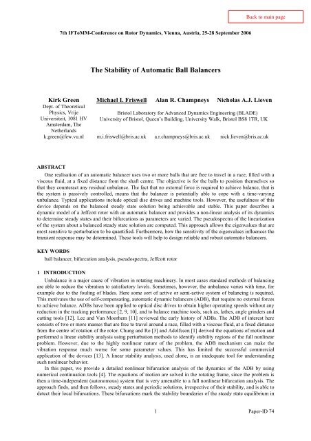 The Stability of Automatic Ball Balancers (Paper ... - Michael I Friswell