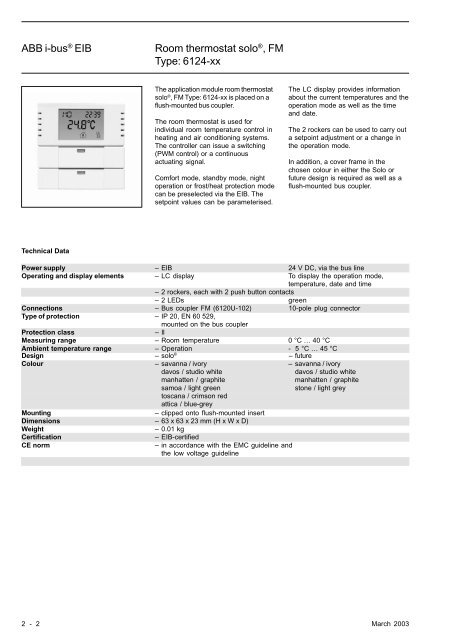 ABB i-busÂ® EIB Room thermostat soloÂ®, FM Type: 6124-xx