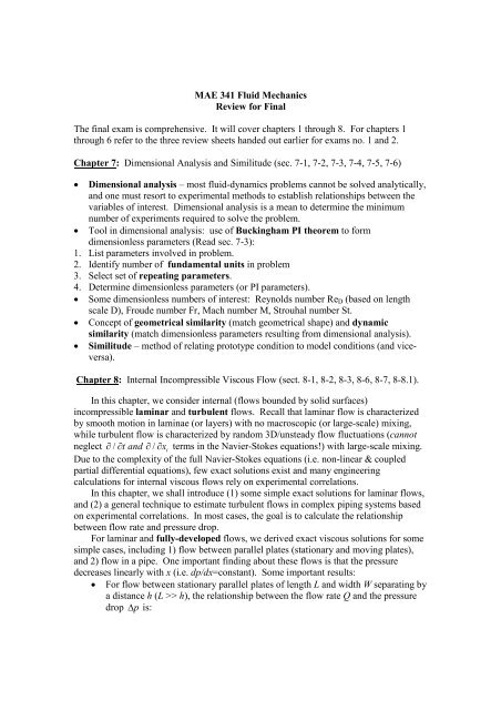 MAE 341 Fluid Mechanics Review for Final The final exam is ...