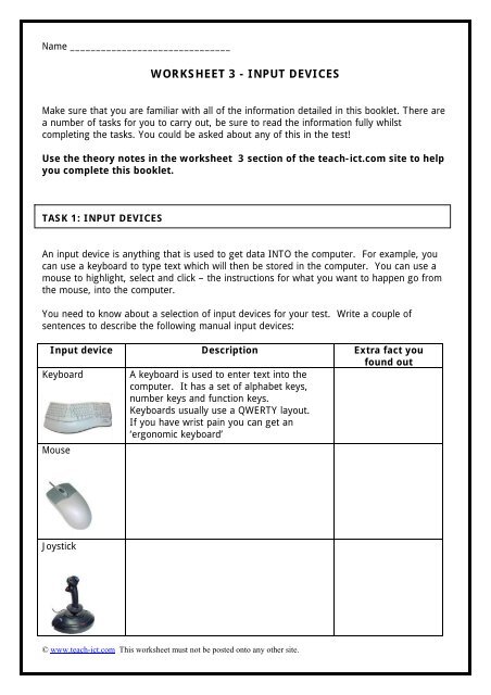 Input Devices Worksheet