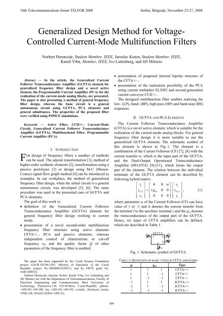 Controlled Current-Mode Multifunction Filters - Telfor 2008