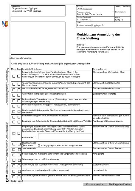 Checkliste zur Anmeldung Eheschliessung - Eggingen