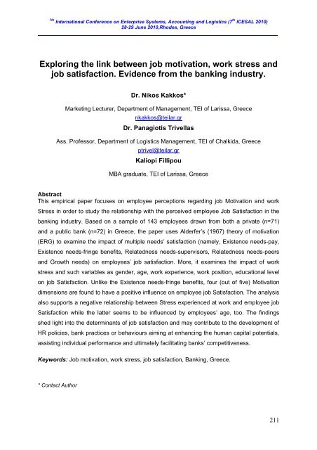 Exploring the link between job motivation, work stress and ... - ICESAL