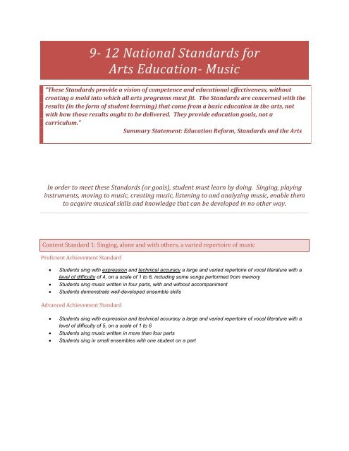 Grades 9 -12 National Standards for Arts Education- Music