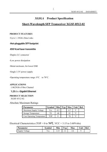 XGIGA Product Specification Short-Wavelength SFP Transceiver ...