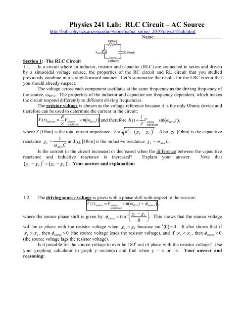 Physics 241 Lab: RLC Circuit â AC Source