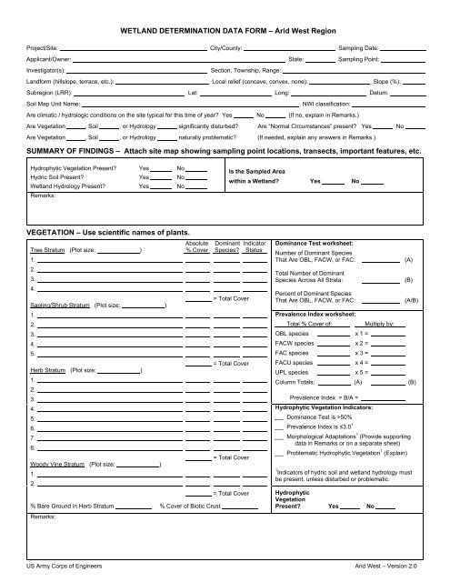 Arid West Data Form Version 2 - U.S. Army Corps of Engineers