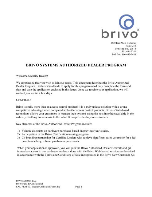 BRIVO SYSTEMS AUTHORIZED DEALER PROGRAM