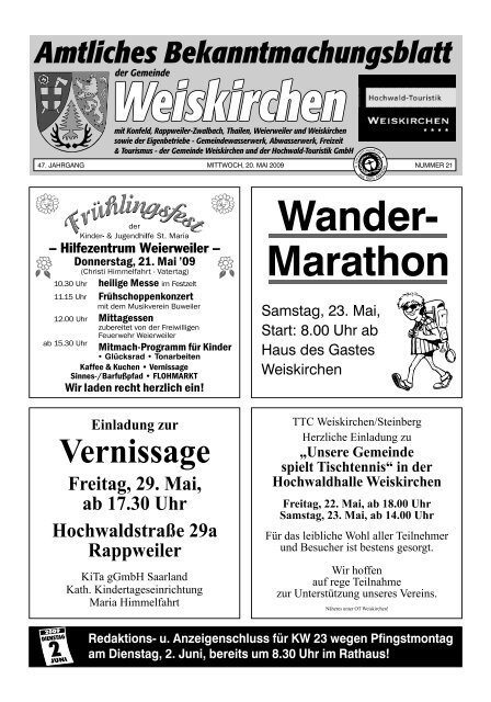 Mitteilungen der Hochwald- Touristik GmbH Weiskirchen