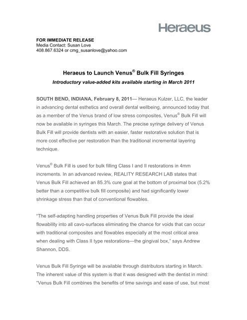 Venus Bulk Fill Syringes Press Release - Heraeus Kulzer US