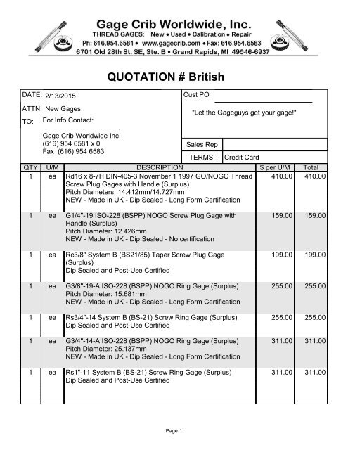 Quotation British Ring Amp Plug Thread Gages