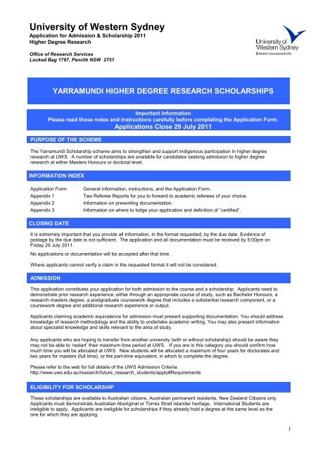 yarramundi higher degree research scholarships - University of ...
