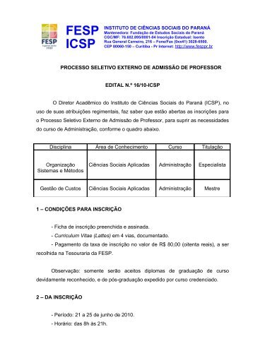 PROCESSO SELETIVO SIMPLIFICADO DE PROFESSOR - FESP