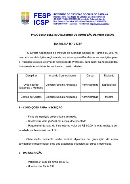 PROCESSO SELETIVO SIMPLIFICADO DE PROFESSOR - FESP