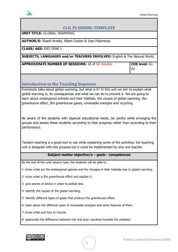 CLIL PLANNING TEMPLATE Introduction to the Teaching Sequence