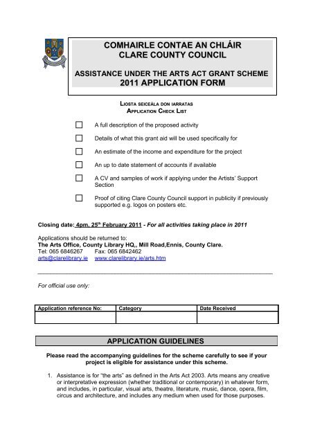 Assistance under the Arts Act Grant Scheme 2011 Application Form