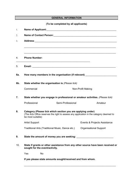 Assistance under the Arts Act Grant Scheme 2011 Application Form