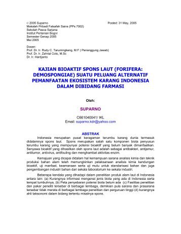 kajian bioaktif spons laut (forifera: demospongiae) - Farmasi Bahan ...