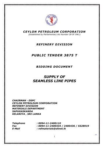 SUPPLY OF SEAMLESS LINE PIPES - Ceylon Petroleum Corporation