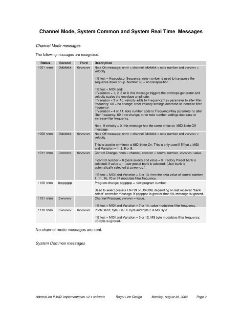 AdrenaLinn II MIDI Implementation - Roger Linn Design