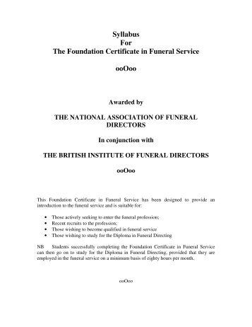 Syllabus For The Foundation Certificate in Funeral Service ooOoo