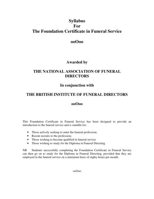 Syllabus For The Foundation Certificate in Funeral Service ooOoo