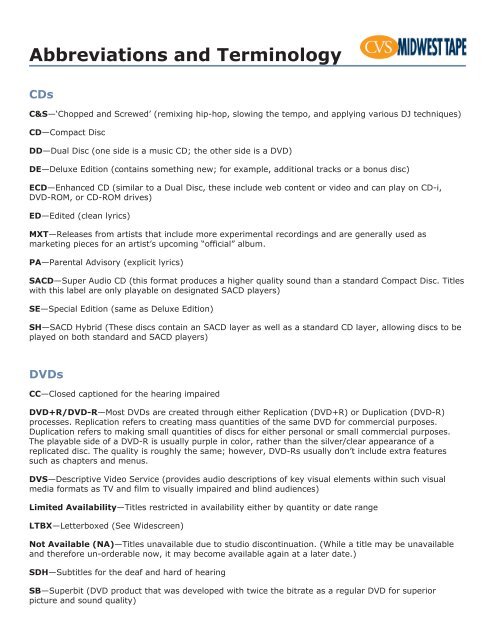 Abbreviations and Terminology - Midwest Tape