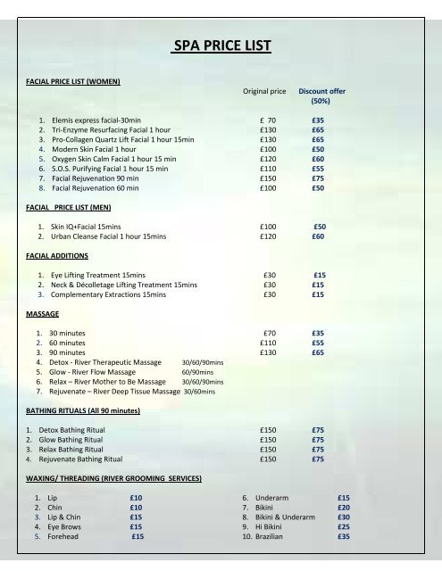 SPA PRICE LIST - Hotel Rafayel