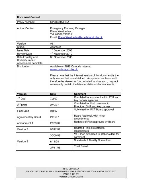 MAJOR INCIDENT PLAN - NHS Cumbria