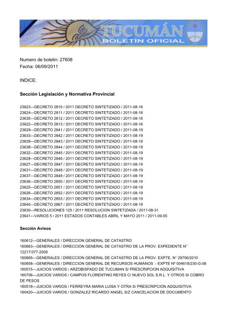 Numero de boletin: 27608 Fecha: 06/09/2011 INDICE: SecciÃ³n ...