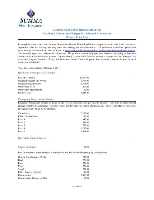 Summa Wadsworth-Rittman Hospital Usual and Customary Charges ...