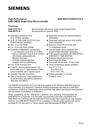 High-Performance SAB 80C517A/83C517A-5 8-Bit CMOS Single ...